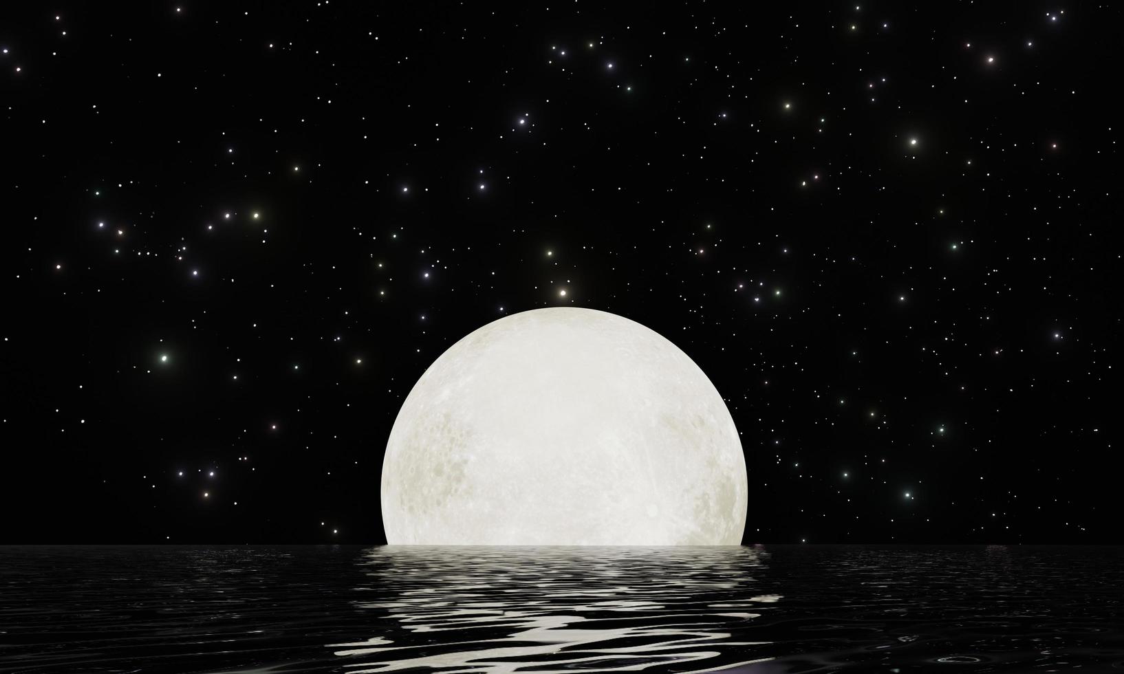Full moon with many stars and reflection on water dark night sky background photo