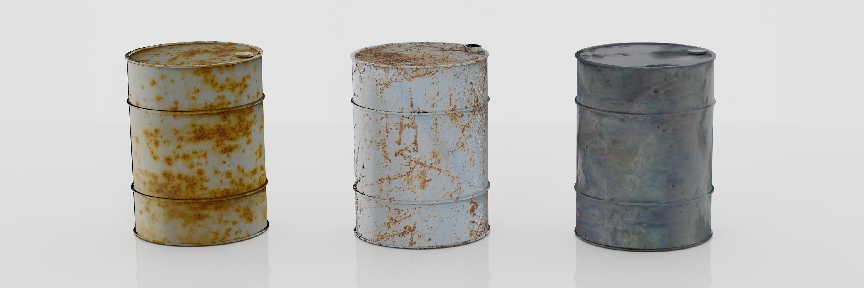 Oil barrel with rusty, leaking oil drum. Isolated on white background. 3D Rendering photo