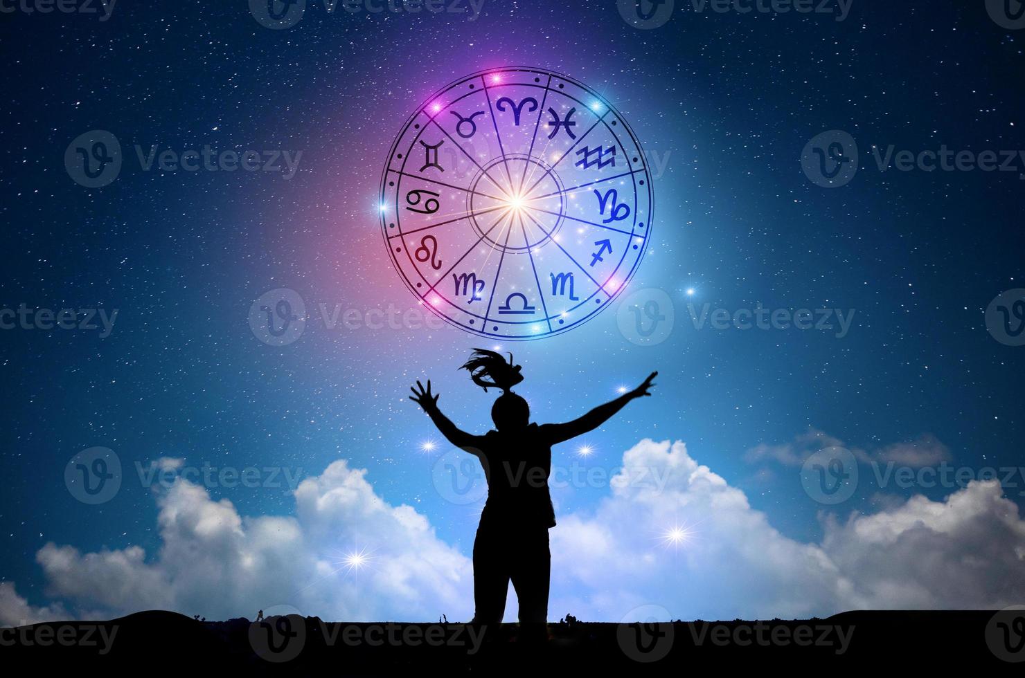 Zodiac signs inside of horoscope circle. Astrology in the sky with many stars and moons  astrology and horoscopes concept photo