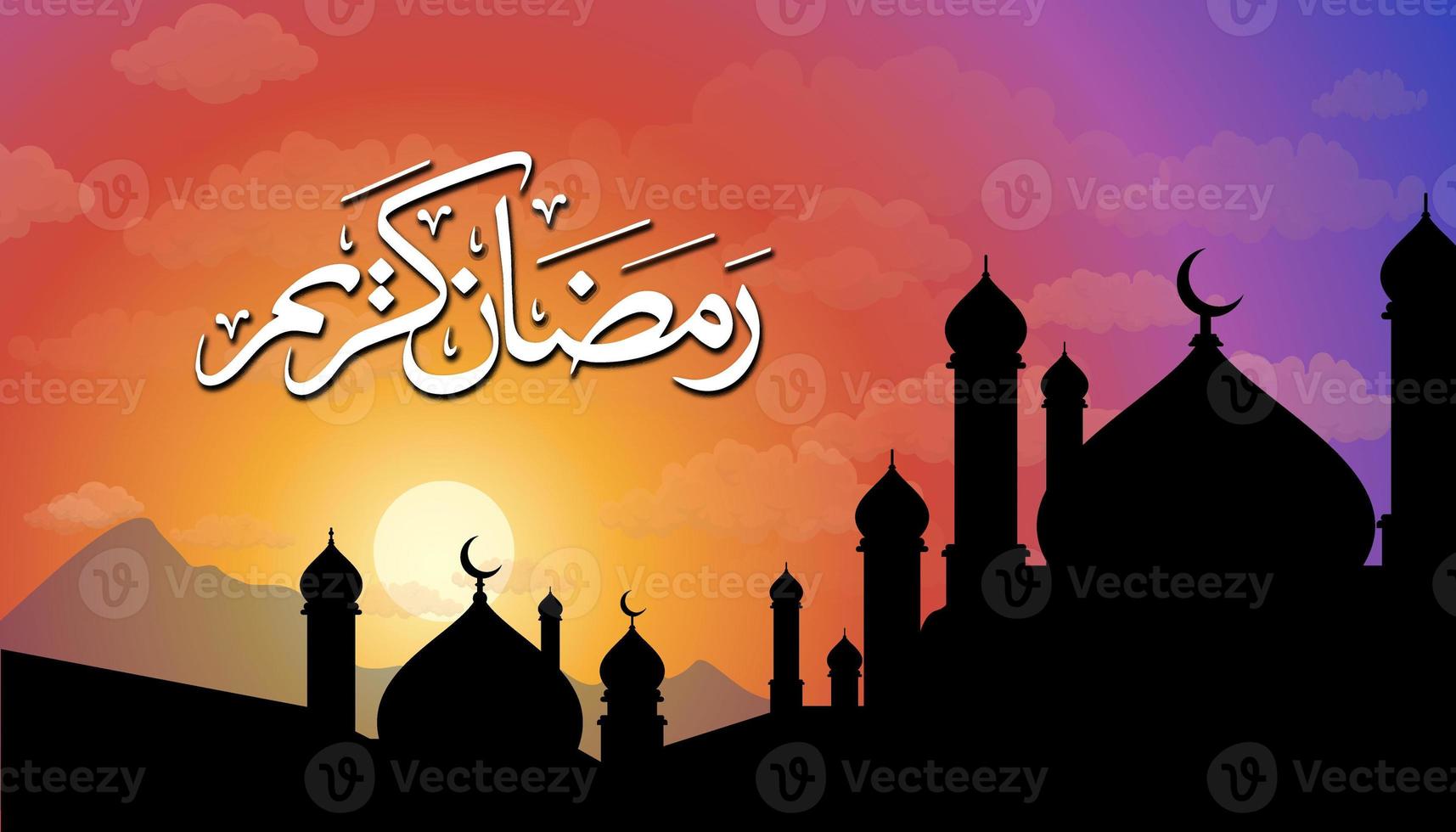 Ramadan Kareem with mosque silhouette for background. Islamic design background. photo