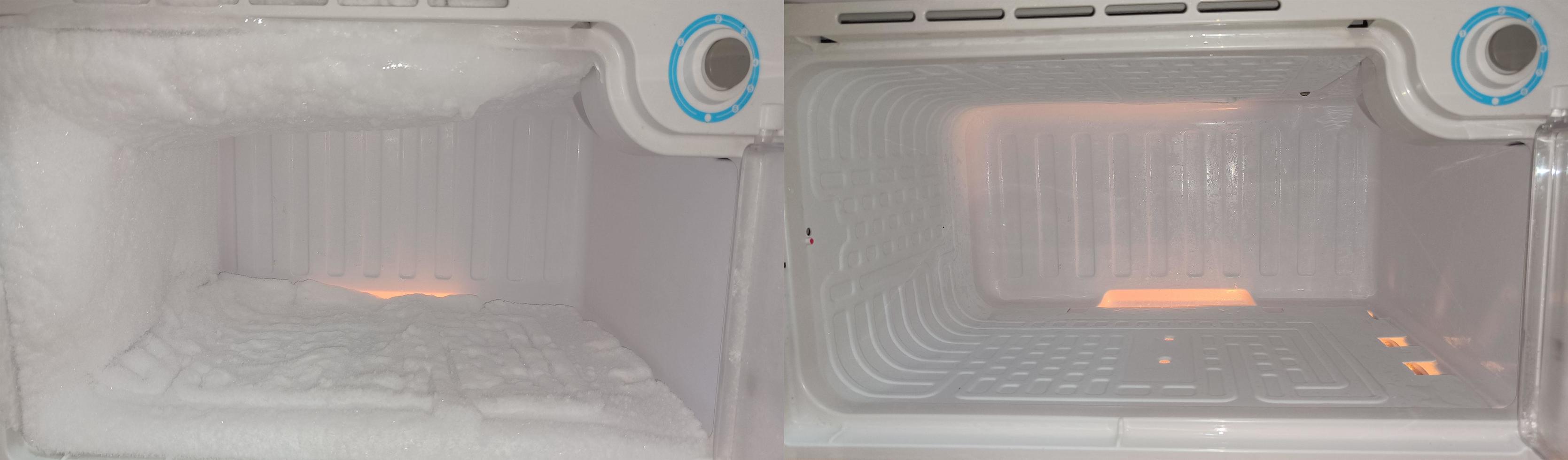 Before and after thick ice build up on deep freezer photo