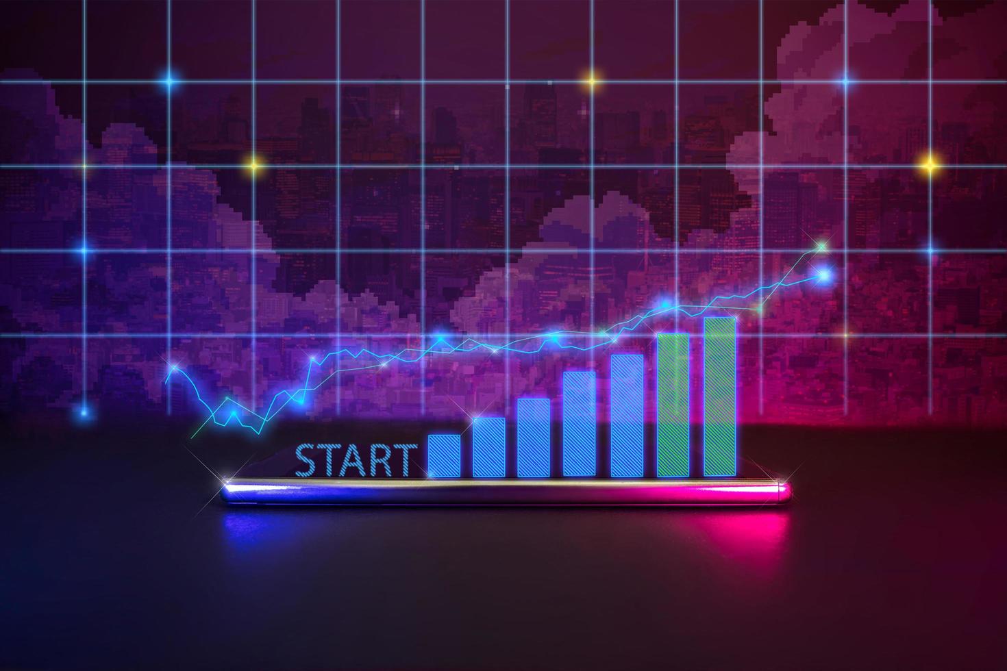 Financial stock market increase profit graph from defi and nft game in cyberpunk theme color photo