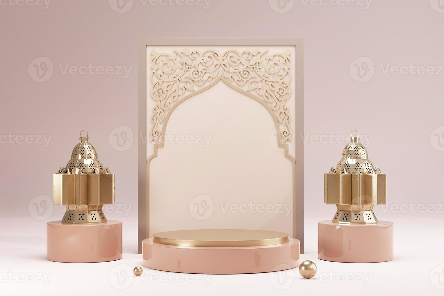 Ramadan kareem islamic greeting background with realistic 3d golden crescent moon and lantern. Creative design greeting card, banner, poster. Traditional Islamic holy holiday, 3D rendering photo