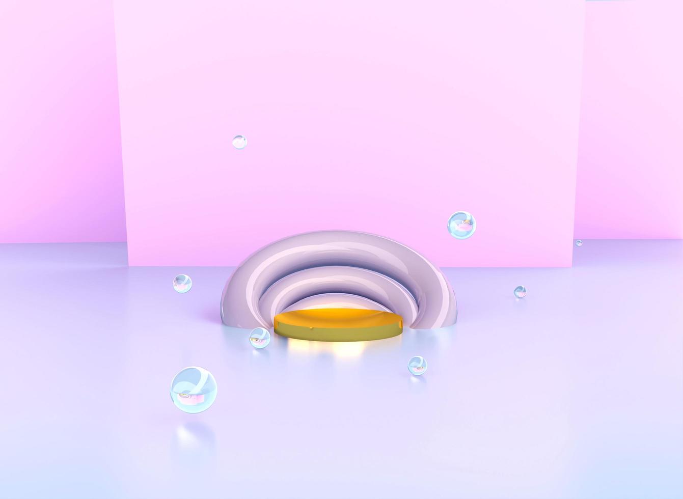3D golden podium realistic scene pink walls glass balls abstract decoration of rings 3d render photo