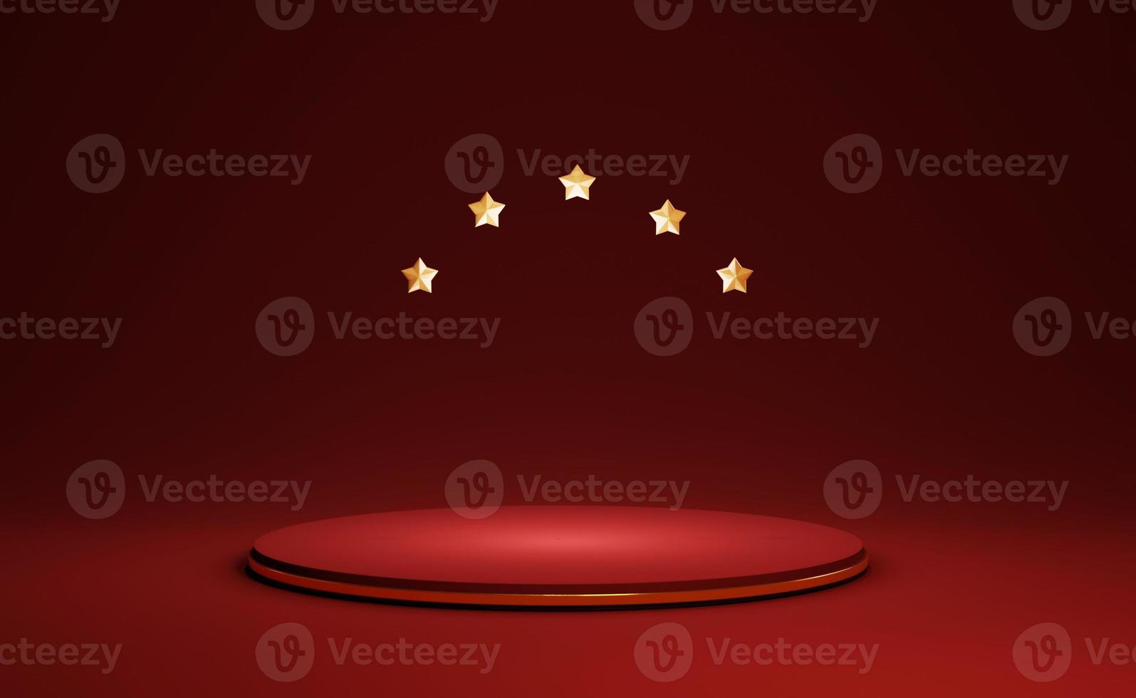Premium red round podium with five golden stars for showing product presentation , 3D rendering technical concept. photo