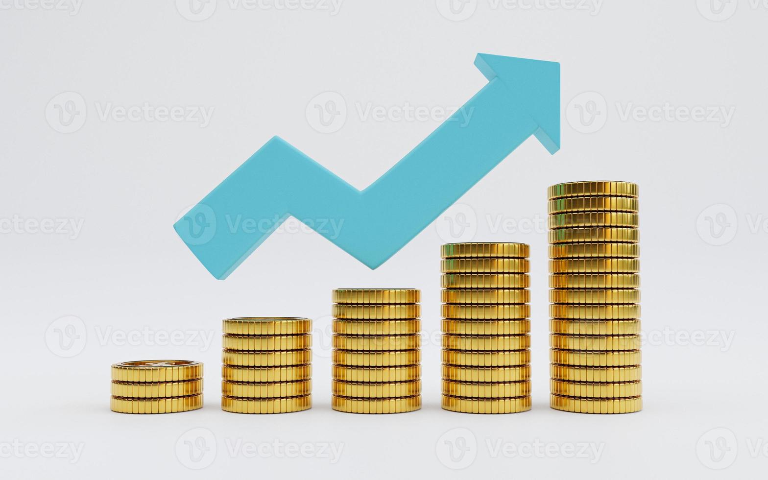 apilamiento de monedas de oro con flecha azul creciente sobre fondo amarillo y espacio de copia para ganancias de inversión económica y depósito de intereses del concepto de ahorro, técnica de representación 3d. foto