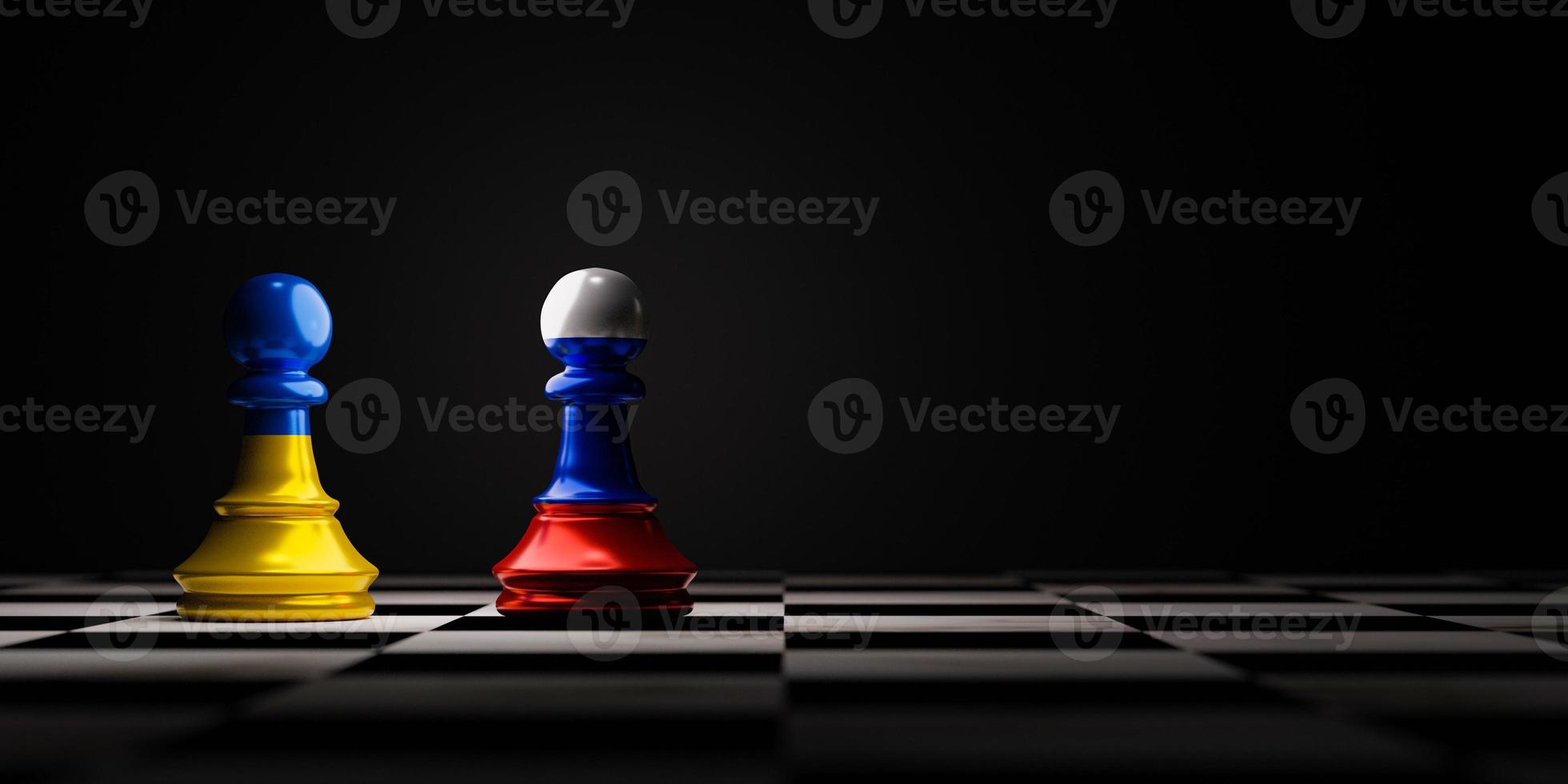 Ukraine flag and Russia flag on chess on chess board forth countries political conflict and war concept by 3d rendering technique. photo