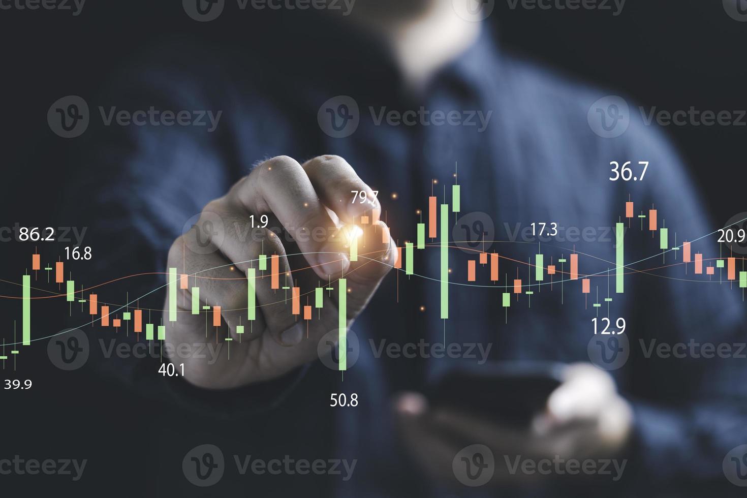 Businessman writing to virtual monitor to analysis technical stock market graph and chart for trader investment by use technology concept. photo