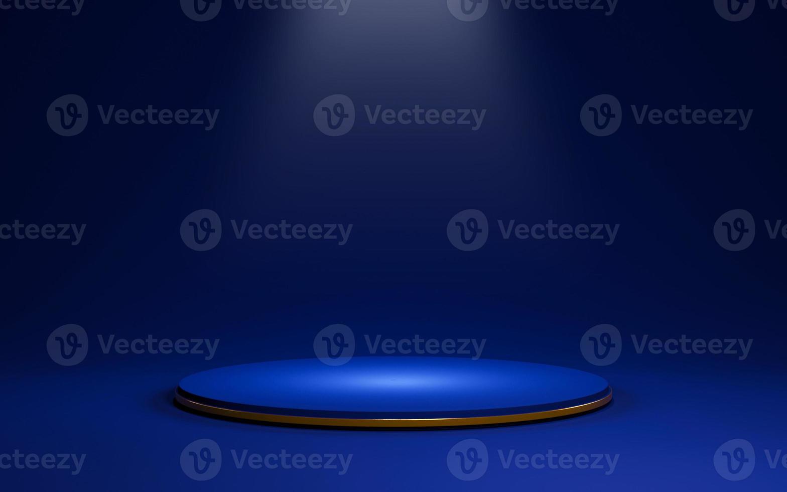 Blue round podium with golden ring and shiny glowing light for show or display product of advertisement concept by 3d rendering. photo