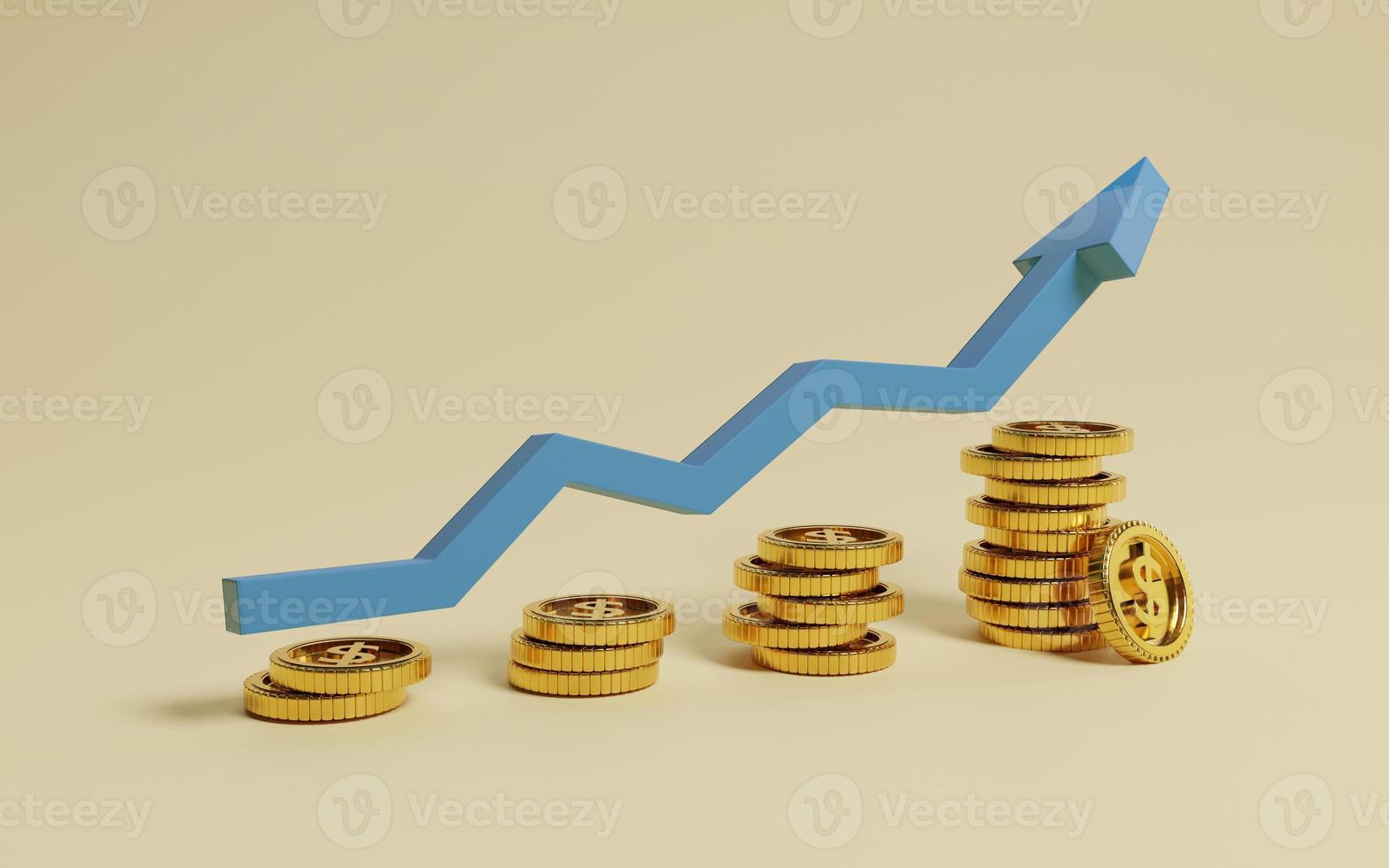 Golden coins stacking with increasing blue arrow on yellow background and copy space for economic investment profit and interest deposit from saving concept, 3D rendering technique. photo