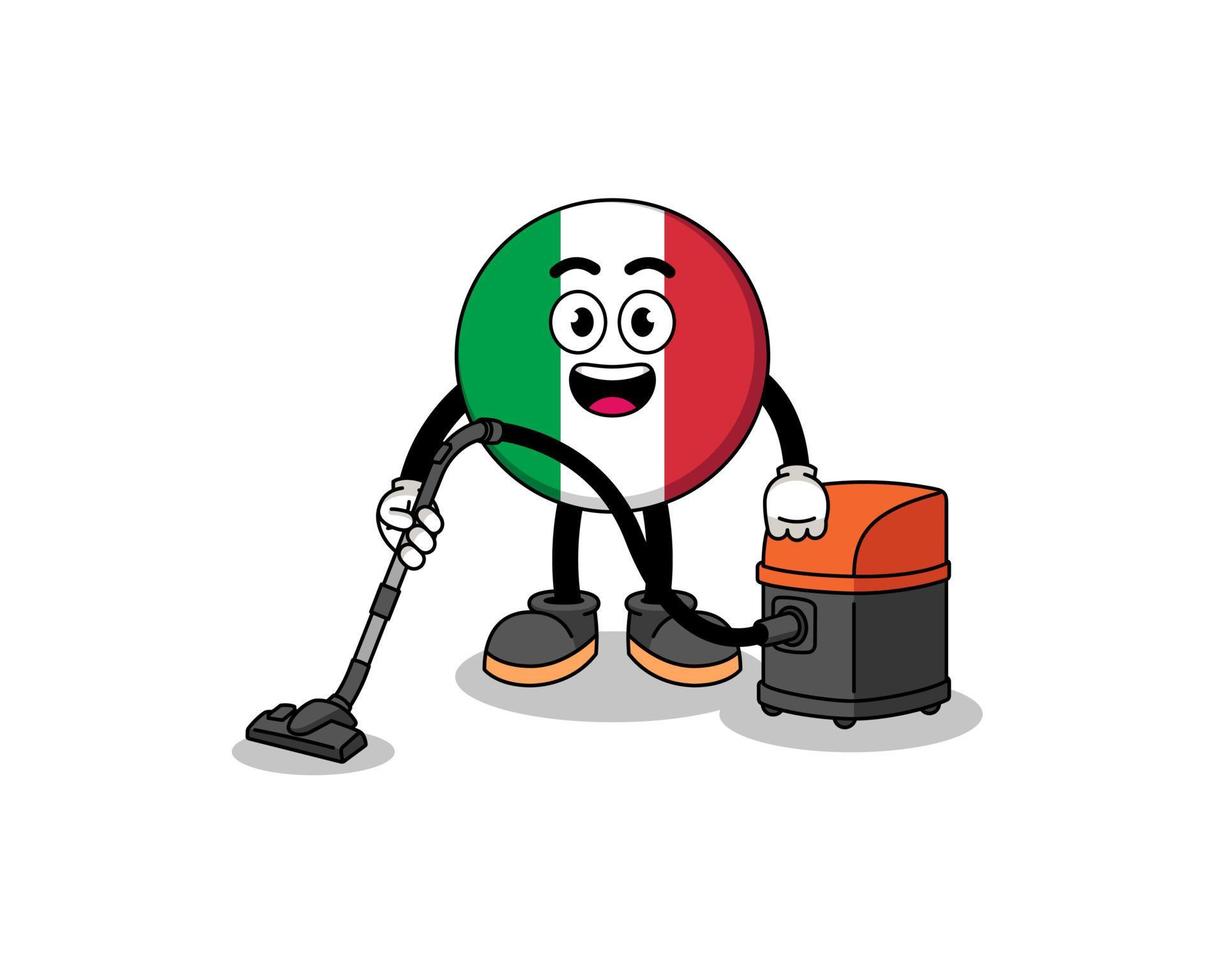 mascota del personaje de la bandera de italia con aspiradora vector