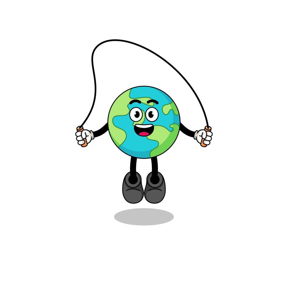 earth mascot cartoon is playing skipping rope vector