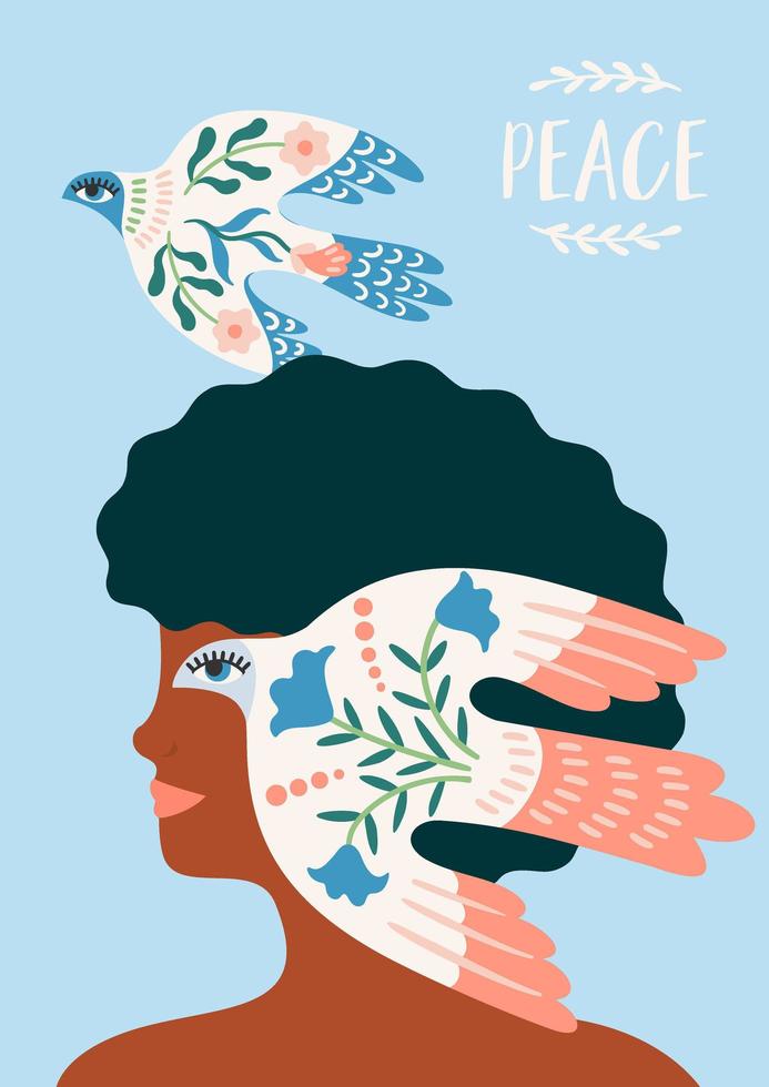 Peace. Woman and dove of peace. Vector illustration. Elements for card, poster, flyer and other
