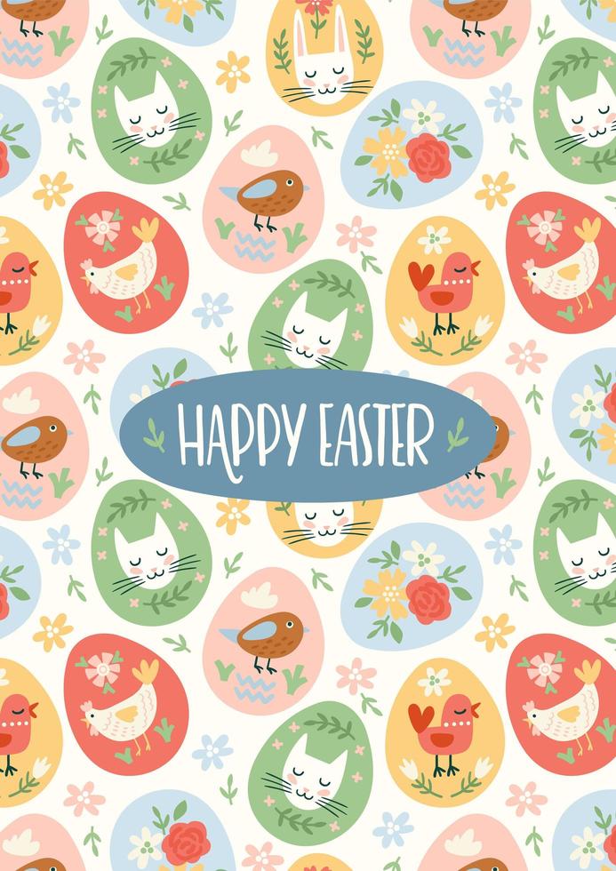 Easter illustration with funny eggs. Easter symbols. Cute vector design