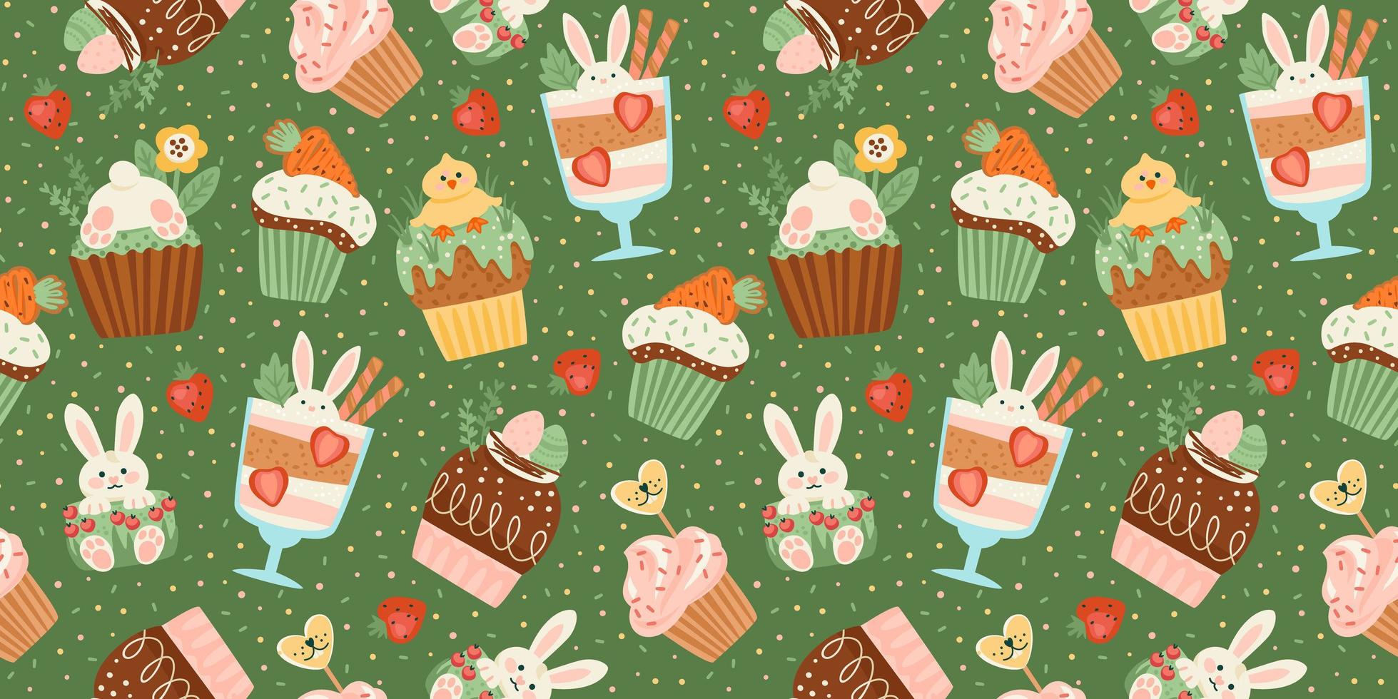 Easter seamless pattern with funny sweets. Cupcake, cake, dessert with easter symbols. Vector design