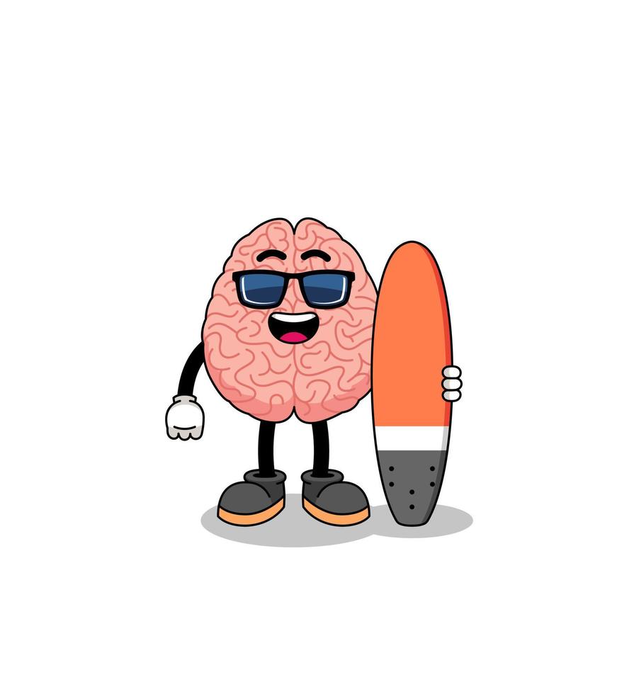 caricatura de mascota del cerebro como surfista vector