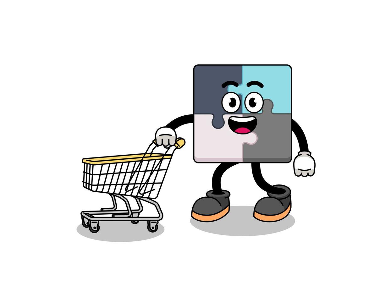 Cartoon of jigsaw puzzle holding a shopping trolley vector