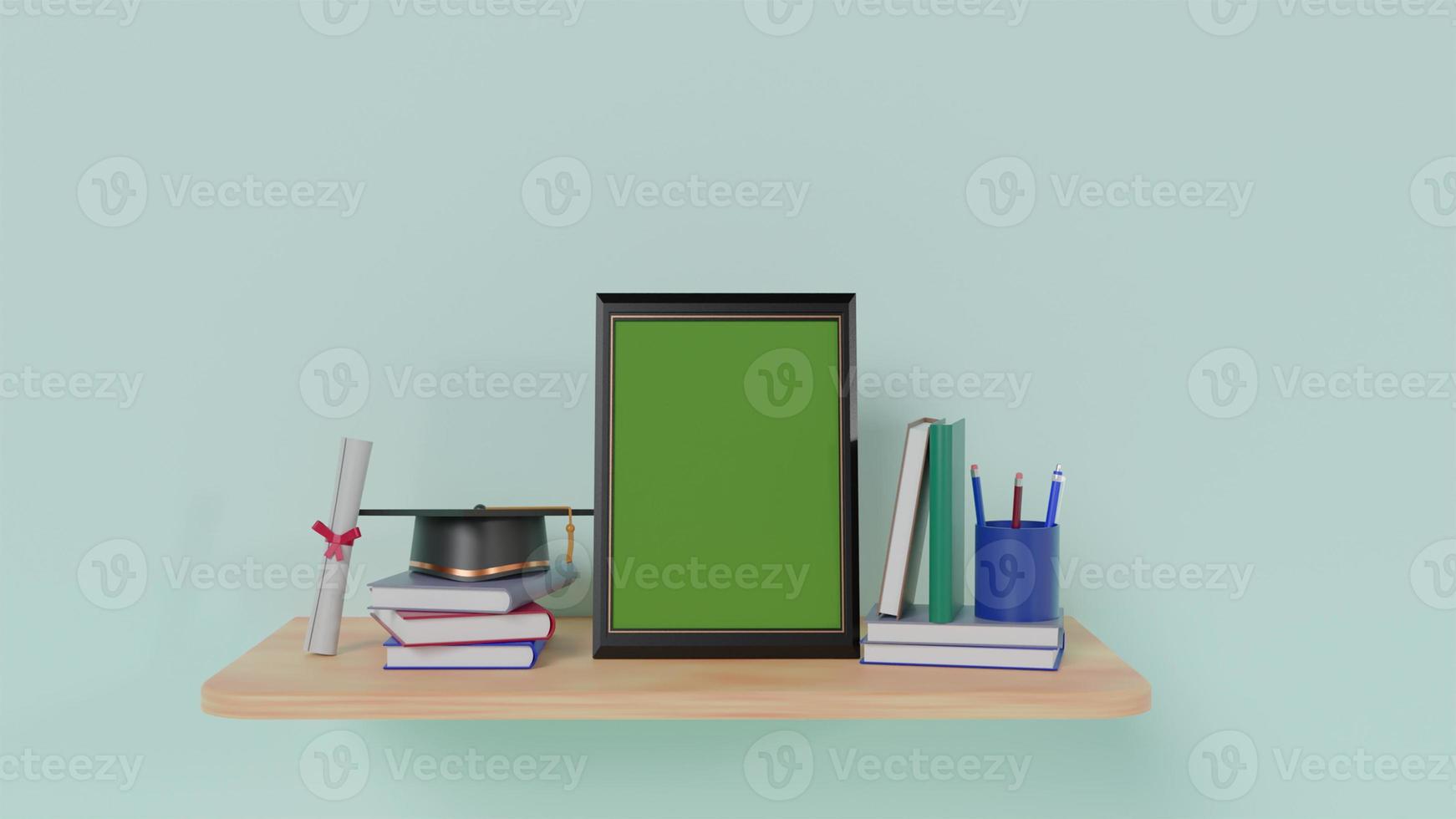 mockup photo frames for graduation congratulations with books and gowns, 3D Render Illustration