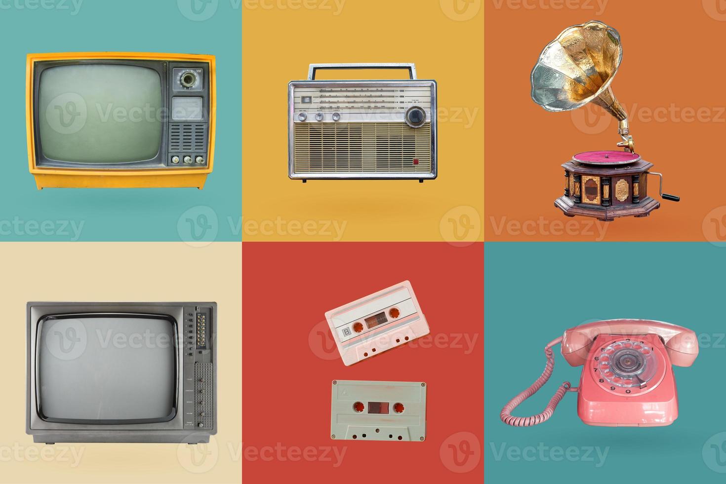 Retro electronics set. Nostalgic collectibles from the past 1980s - 1990s. objects isolated on retro color palette with clipping path. photo