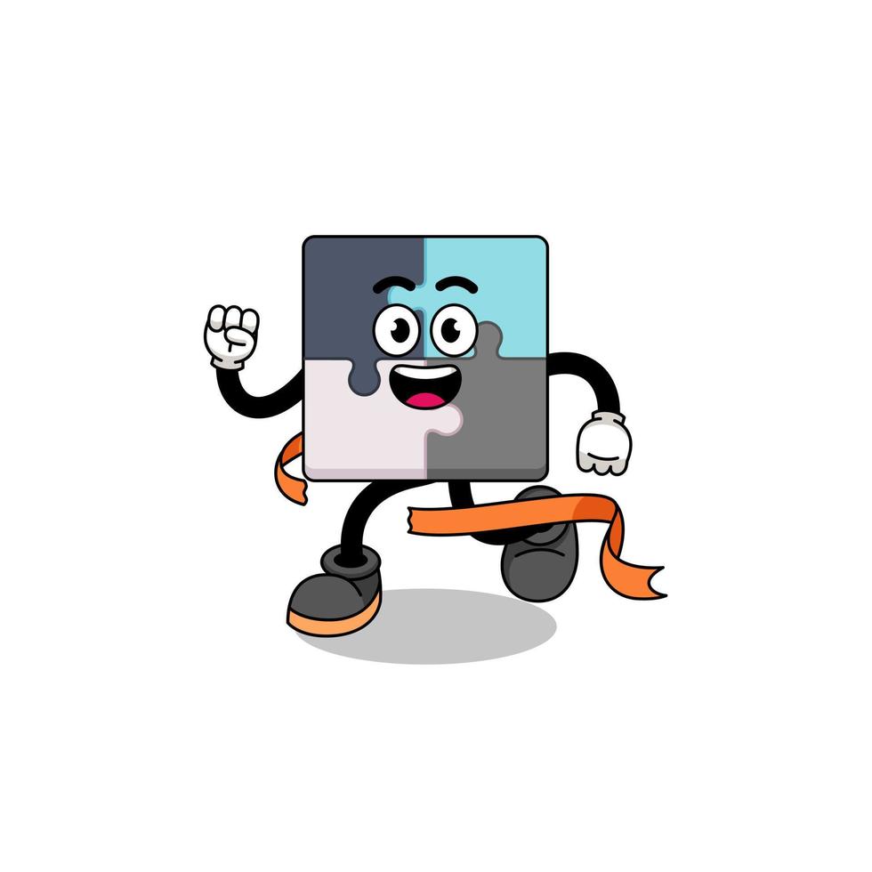 Mascot cartoon of jigsaw puzzle running on finish line vector