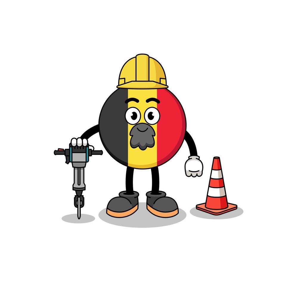 Character cartoon of belgium flag working on road construction vector