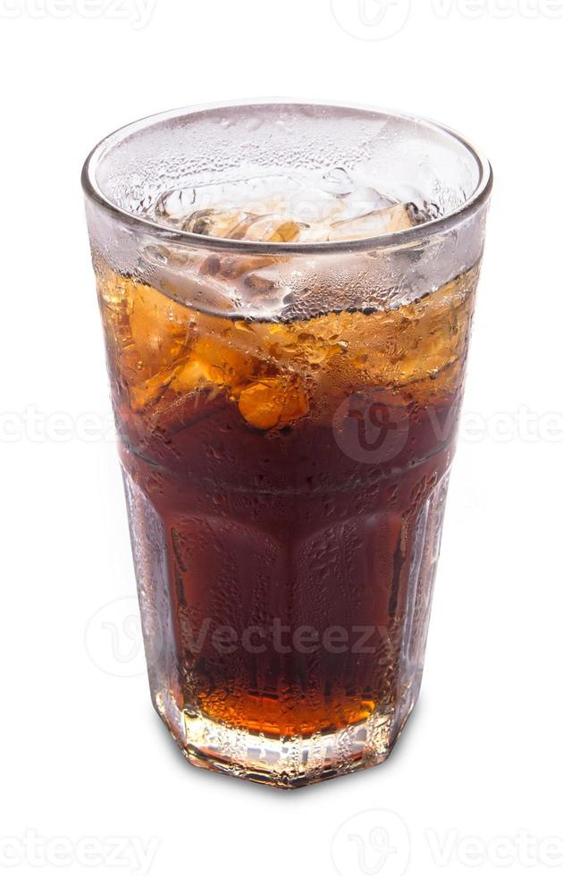 Glass of cola with ice on white background photo