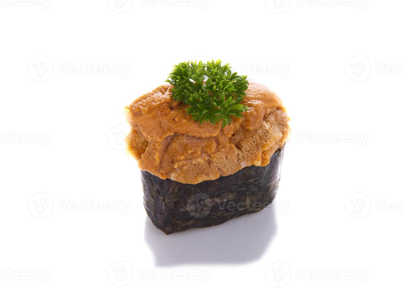 Uni sushi overflowing on a white background photo