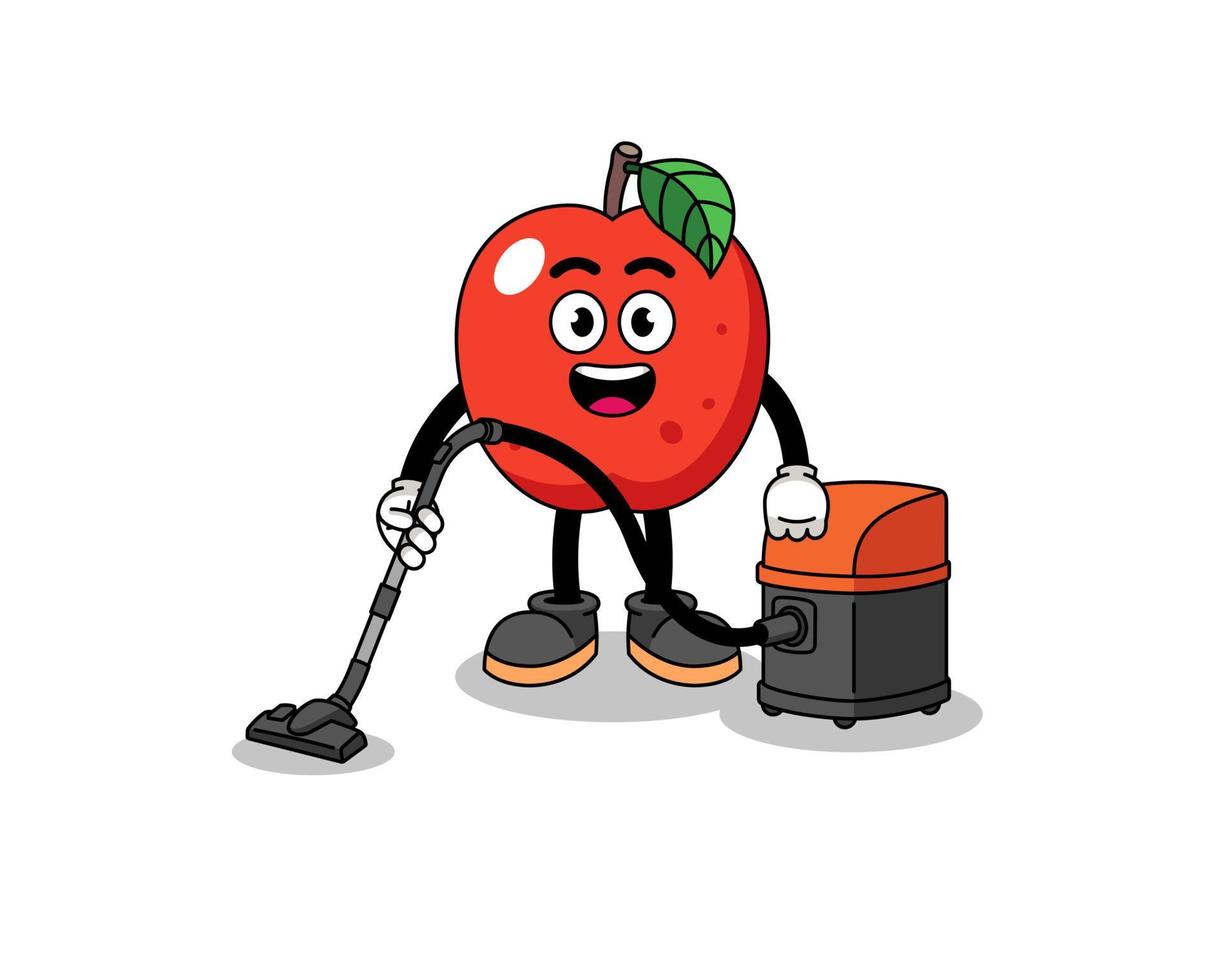 Character mascot of apple holding vacuum cleaner vector