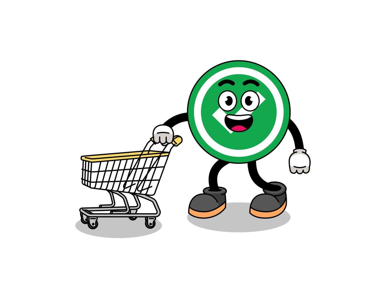 Cartoon of check mark holding a shopping trolley vector