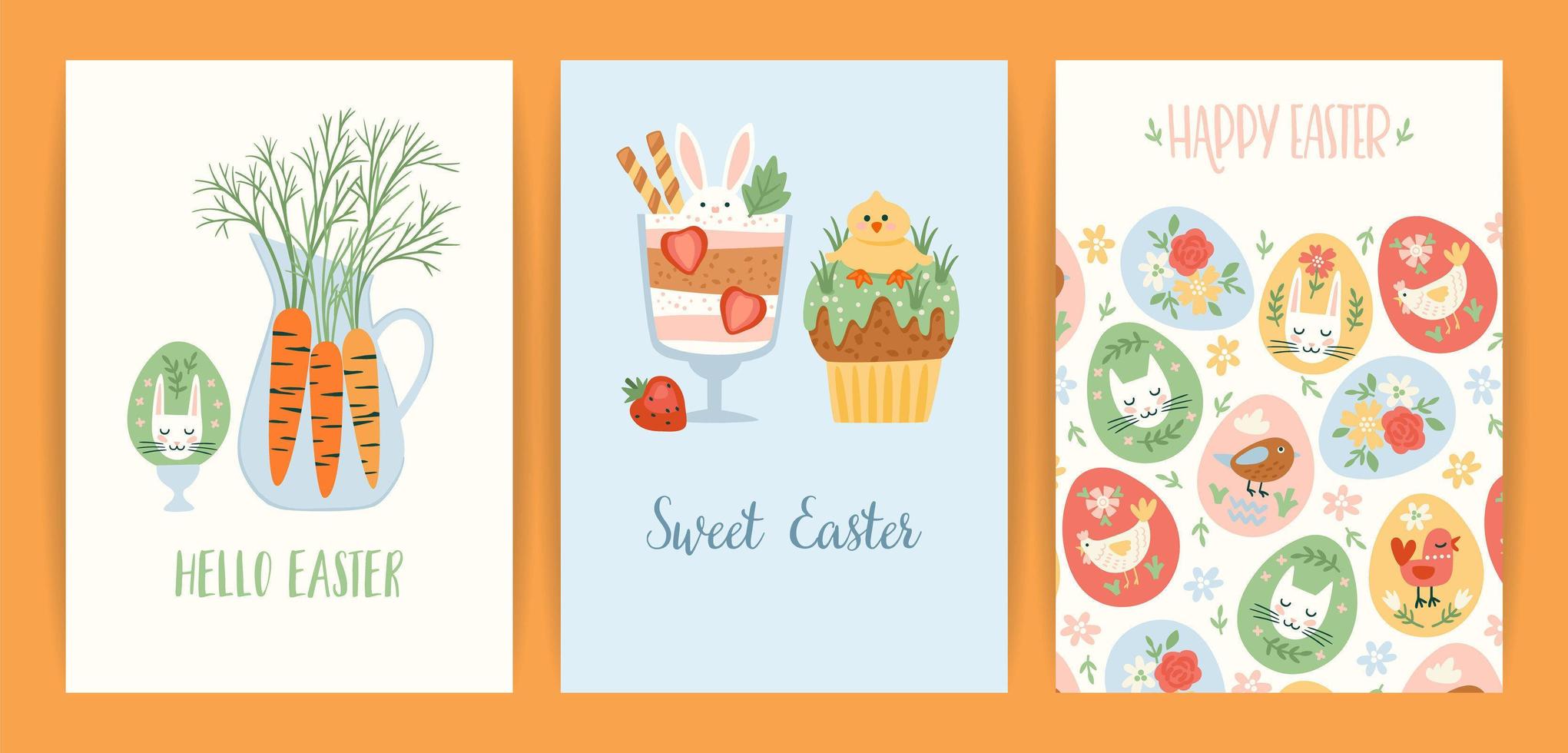 Easter illustrations with funny sweets. Cupcake, cake, dessert with easter symbols. Vector templates.