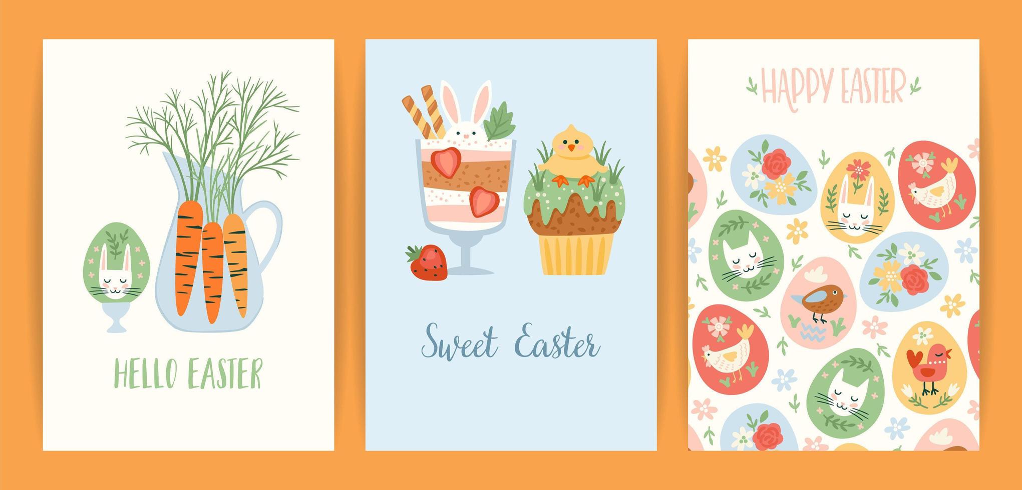 ilustraciones de Pascua con dulces divertidos. cupcake, pastel, postre con símbolos de Pascua. plantillas vectoriales. vector