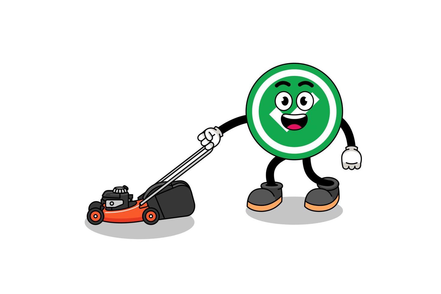 check mark illustration cartoon holding lawn mower vector