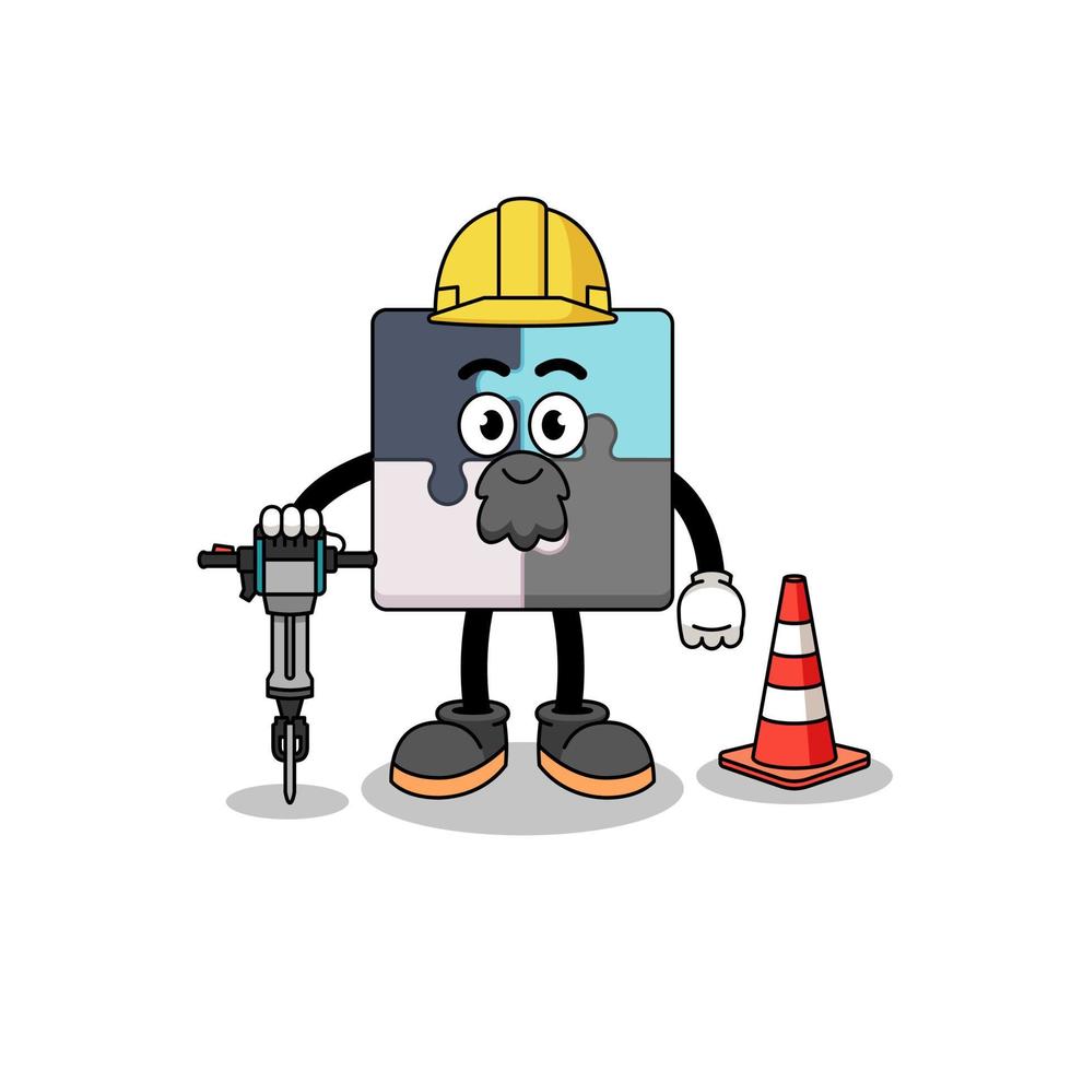 Character cartoon of jigsaw puzzle working on road construction vector