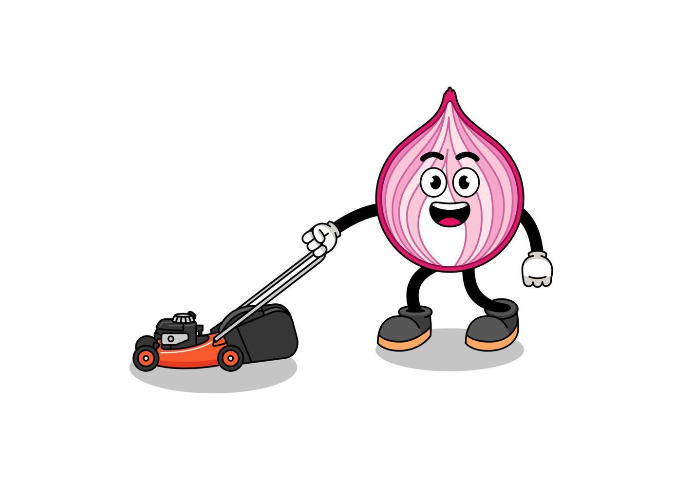 sliced onion illustration cartoon holding lawn mower vector