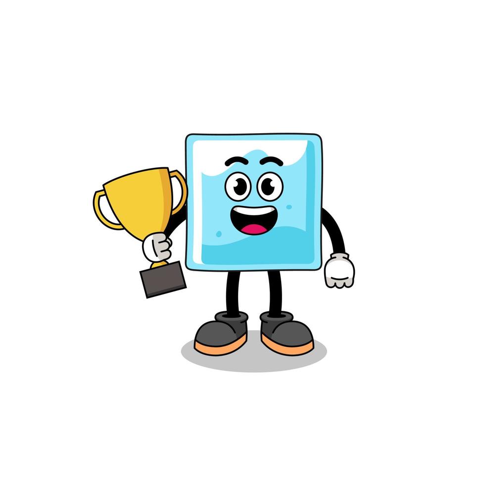 Cartoon mascot of ice block holding a trophy vector