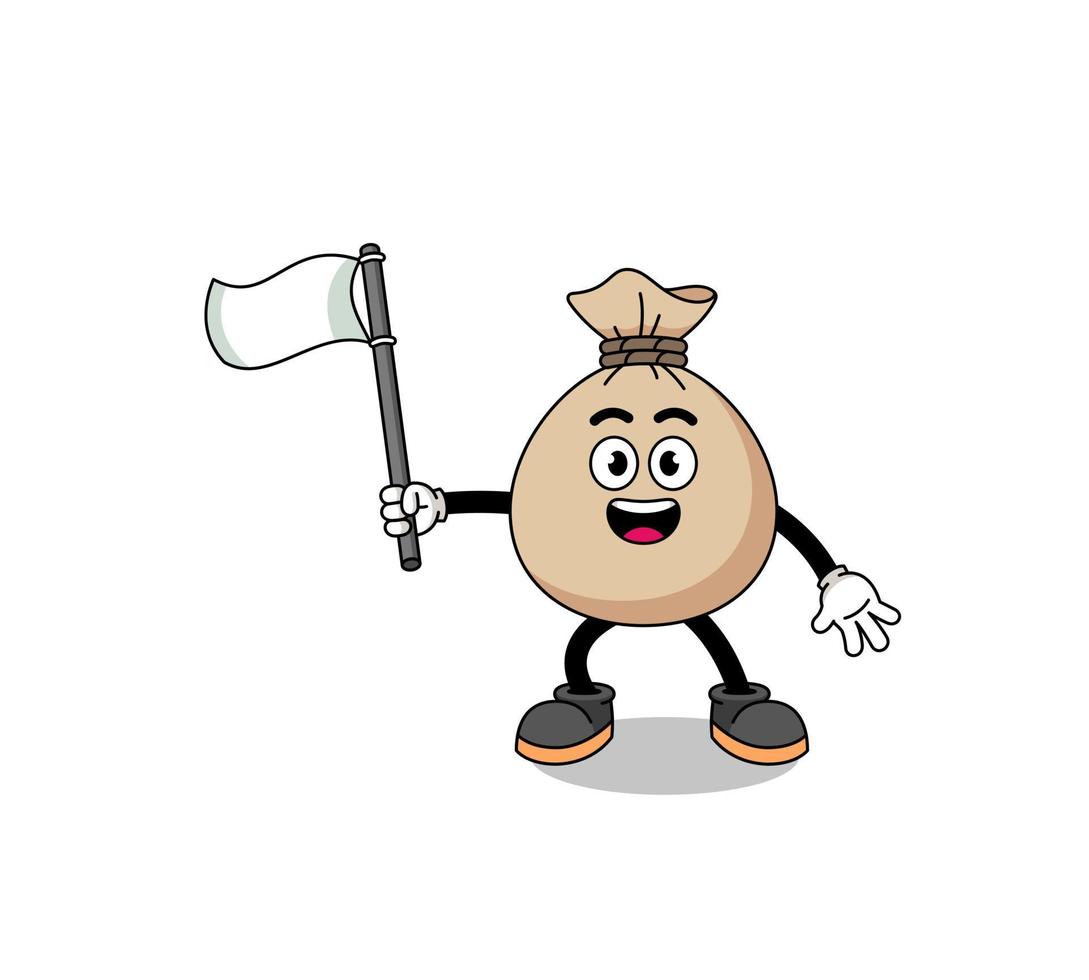 Cartoon Illustration of money sack holding a white flag vector