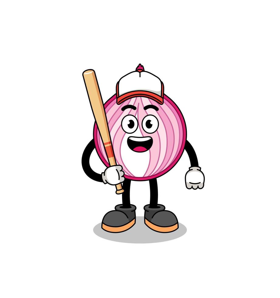 caricatura de mascota de cebolla en rodajas como jugador de béisbol vector