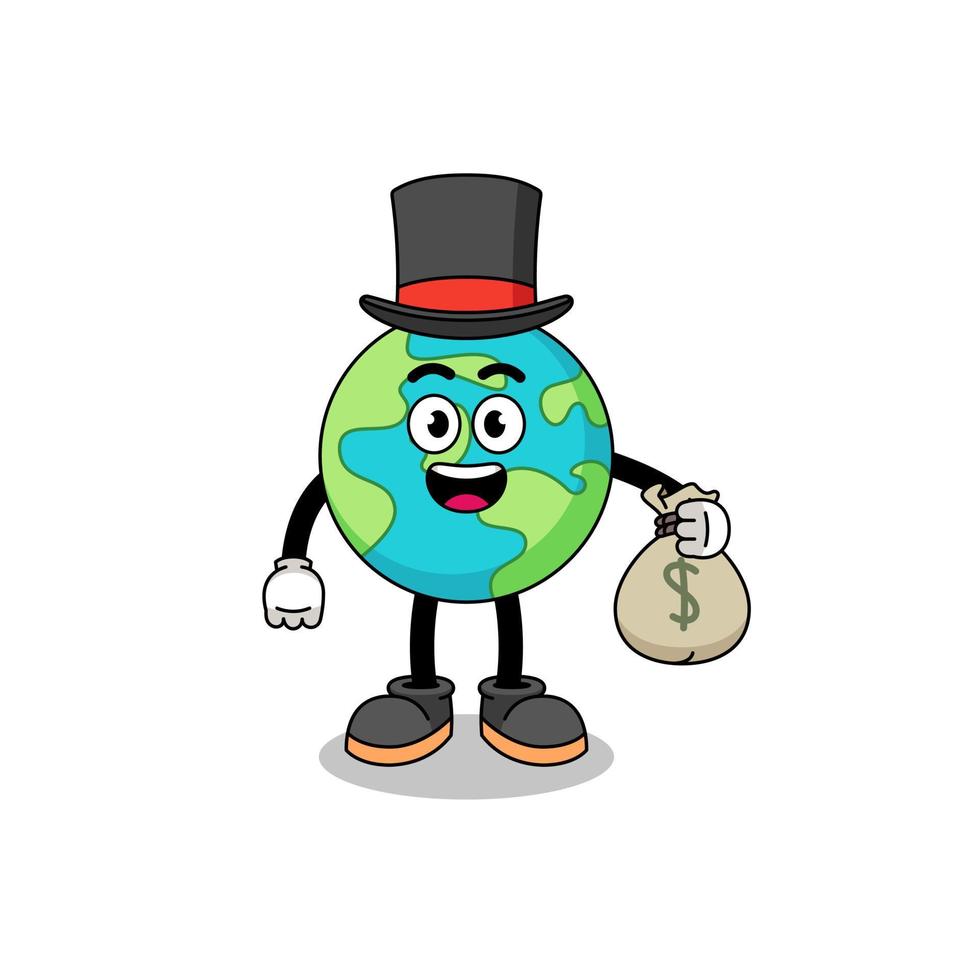 earth mascot illustration rich man holding a money sack vector