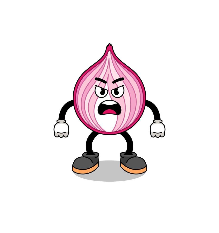 sliced onion cartoon illustration with angry expression vector
