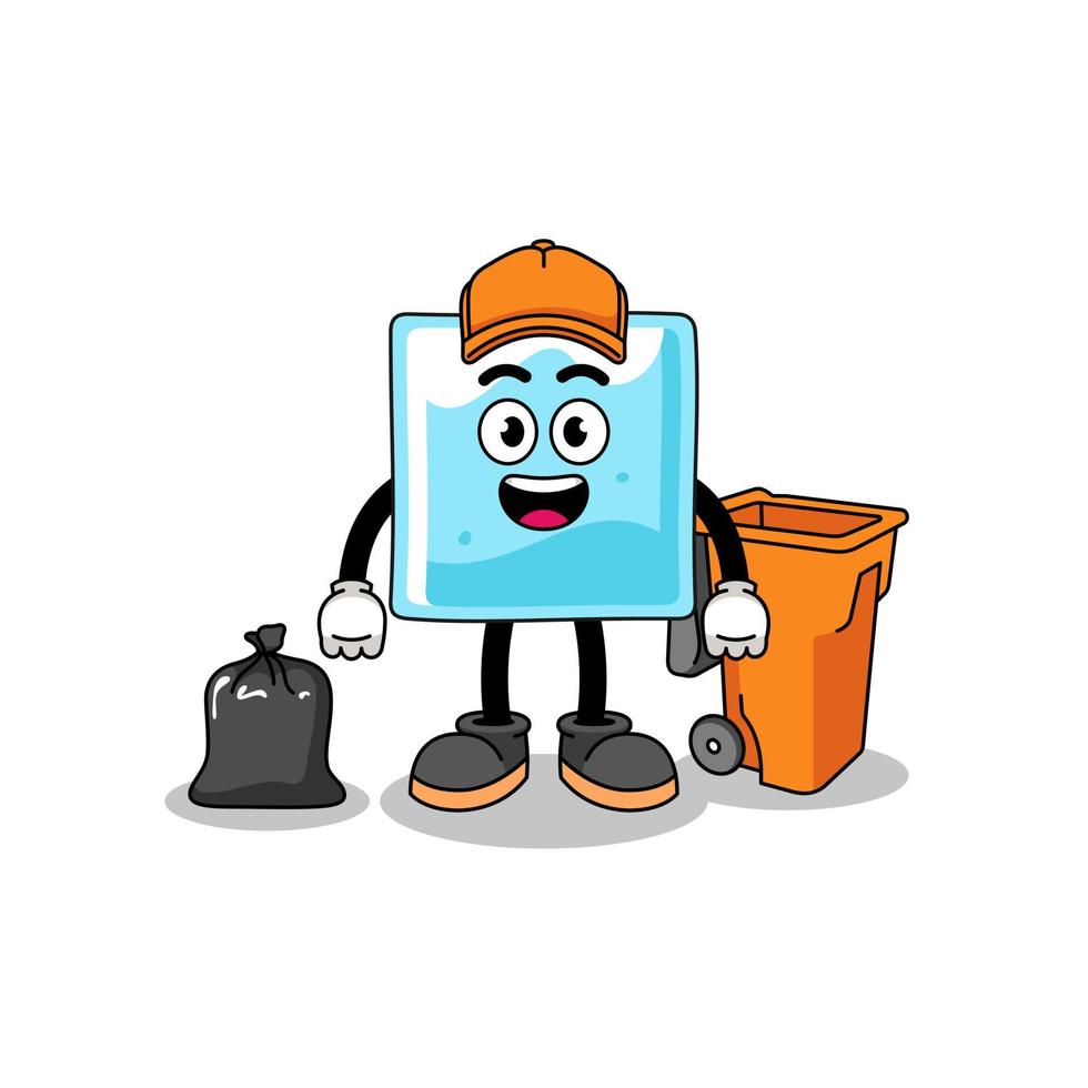 Illustration of ice block cartoon as a garbage collector vector