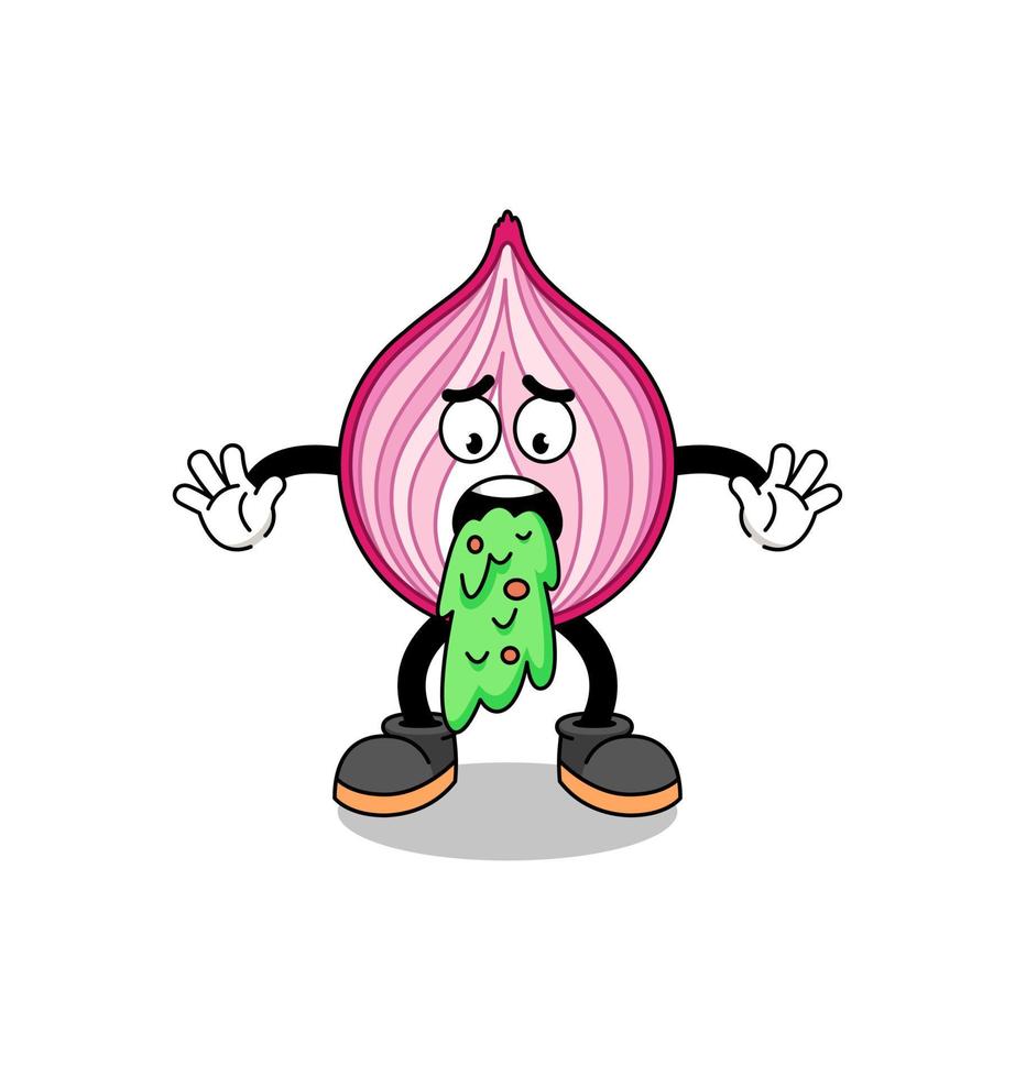 sliced onion mascot cartoon vomiting vector