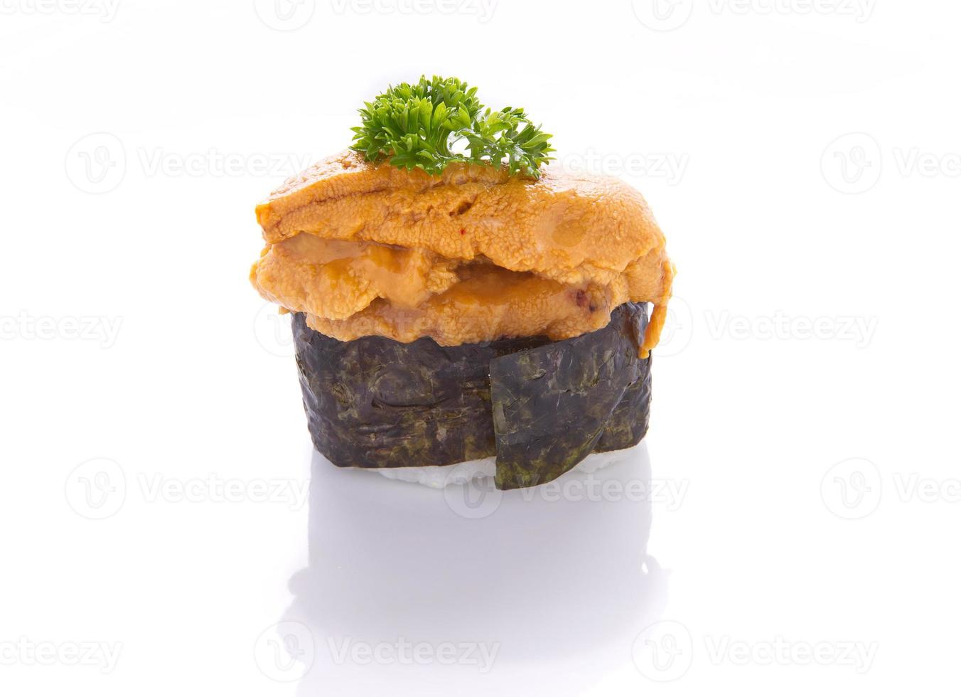 Uni sushi overflowing on a white background photo