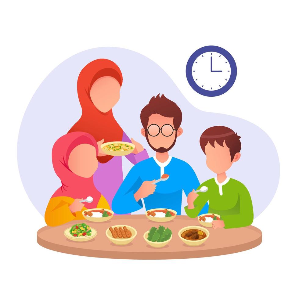 familia musulmana comiendo sahur o comiendo temprano en la mañana antes del día de ayuno ilustración vectorial ramadán. vector