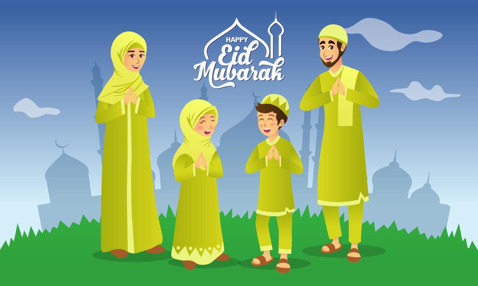 Eid mubarak greeting card. Cartoon muslim family celebrating Eid al fitr with mosque as background vector