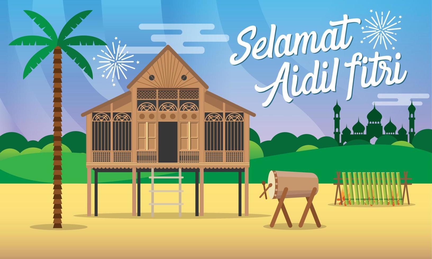 selamat hari raya aidil fitri tarjeta de felicitación en ilustración de vector de estilo plano con casa de pueblo malayo tradicional