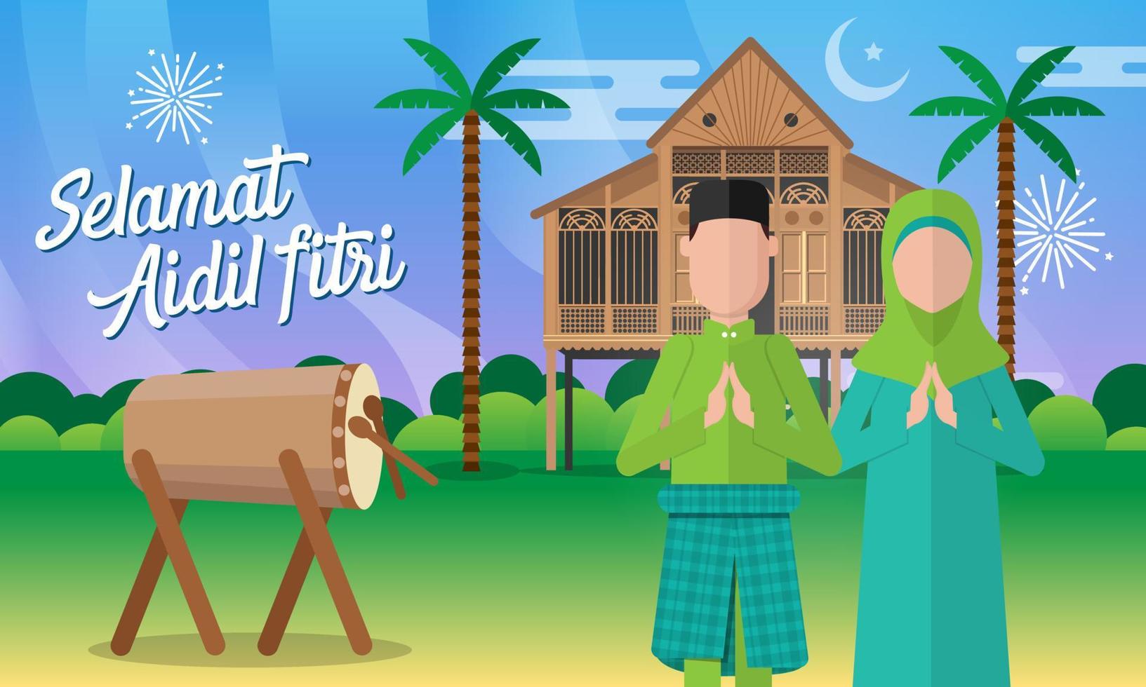 tarjeta de felicitación selamat hari raya aidil fitri en ilustración de vector de estilo plano