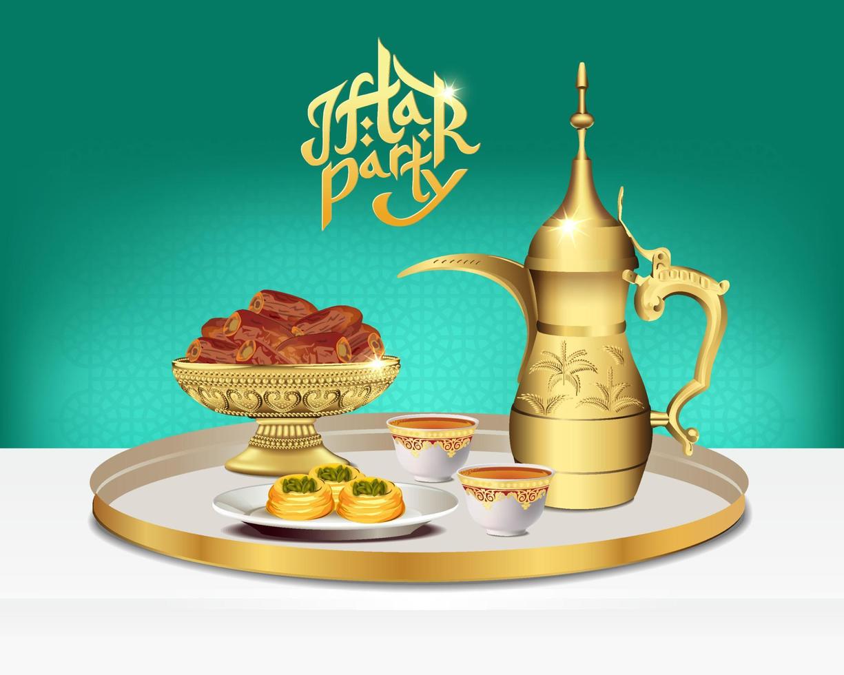 Juego de té árabe con bol de dátiles. comida de fiesta iftar de ramadán. Ilustración vectorial 3d. vector