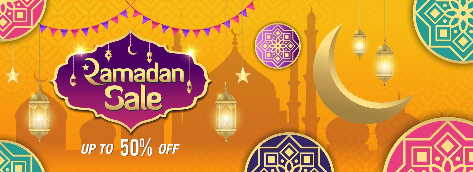 Ramadan Sale, web header or banner design with golden shiny frame, arabic lanterns and golden crescent moon on yellow background vector