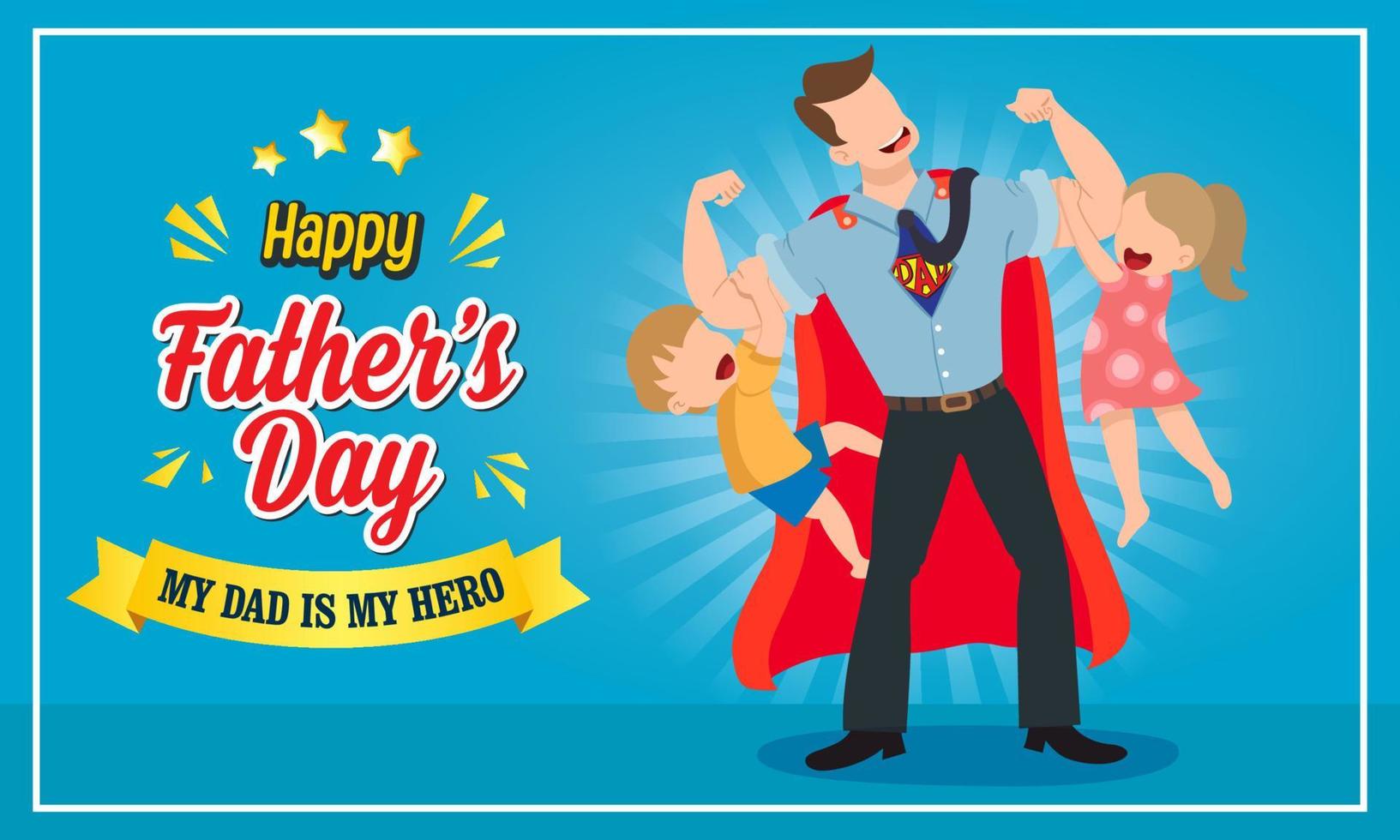 happy father's day vector illustration greeting card. super dad with his son and daughter.