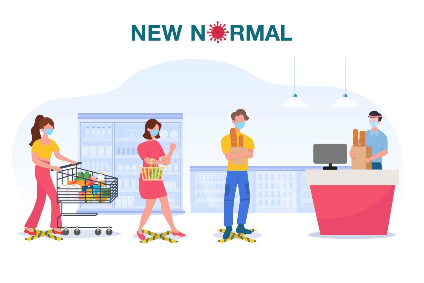 New normal concept illustration with people wearing face mask and keep distance away in supermarket to protect COVID-19 Coronavirus flu outbreak vector